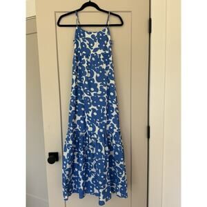 Xirena Fae Tiered Cotton Midi Dress Blue Curls White XS Sundress Spaghetti Strap